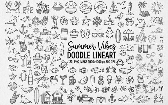 Download 120+ Summer Vibes Doodle Line Art PNG - Premium Bundle